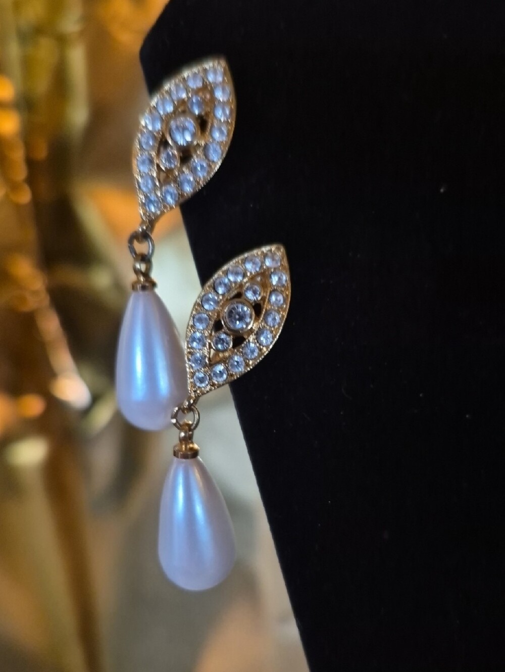 Gold Crystal Marquise Drop Earrings with White Pearl Teardrops